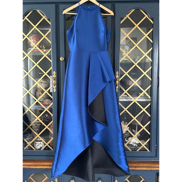 Badgley Mischka Royal Blue and Black Reverse Ruffle Structural Gown Sz 4 - Picture 4 of 14
